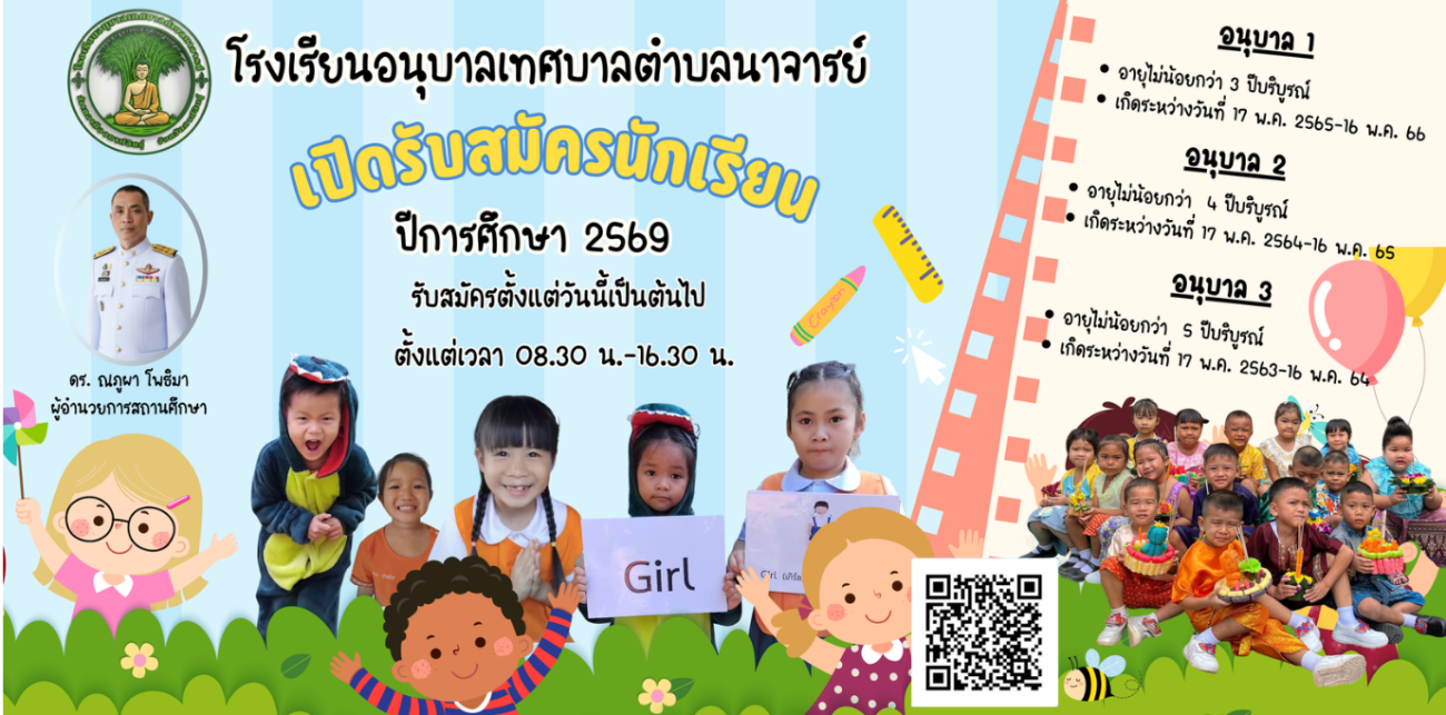 โรงเรียนอนุบาลเทศบาลตำบลนาจารย์  เปิดรับสมัครนักเรียน ปีการศึกษา 2569